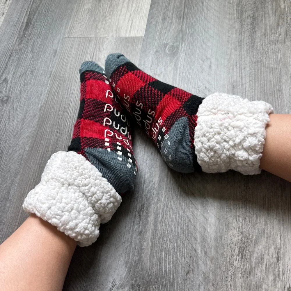 Cozy Red and Black Buffalo Plaid Socks with Fuzzy Sherpa Lining